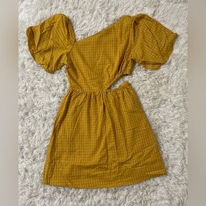 NEW Cottagecore Western Country Yellow Gingham Puff Sleeve Farm Dress Cut Out S